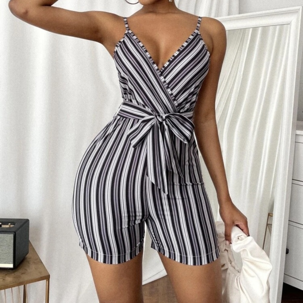 Striped Print Surplice Front Belted Cami Romper